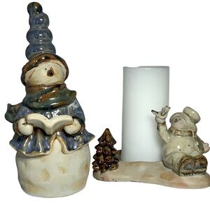 Holiday Candle Holder Set with Snowman Figurine Glazed Ceramic Christmas 2 Piece